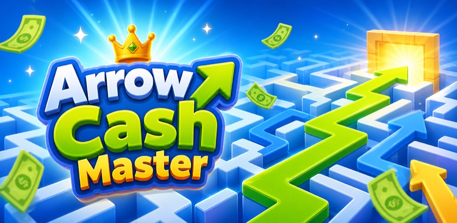Arrow Cash Master key art — green escape path through a blue maze toward a golden portal